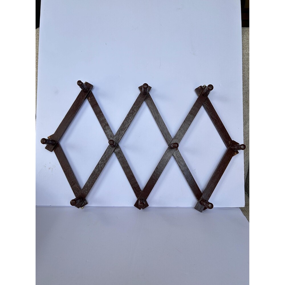 Vintage Wooden Accordion Peg Rack, Expandable 10 Peg Wall Hanger, Entry Hat Rack